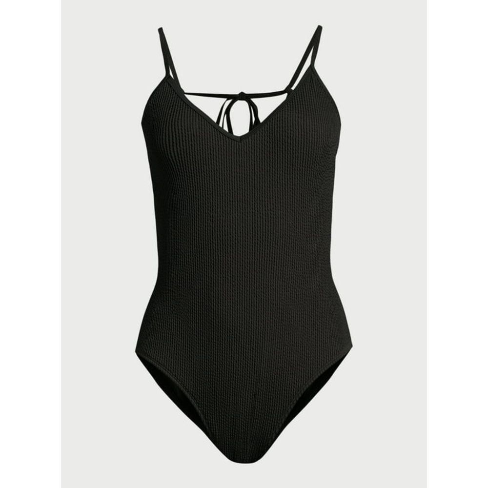 No Boundaries Crinkle One Piece Swimsuit Lined Black Tie Back Junior Sz XXL NWT